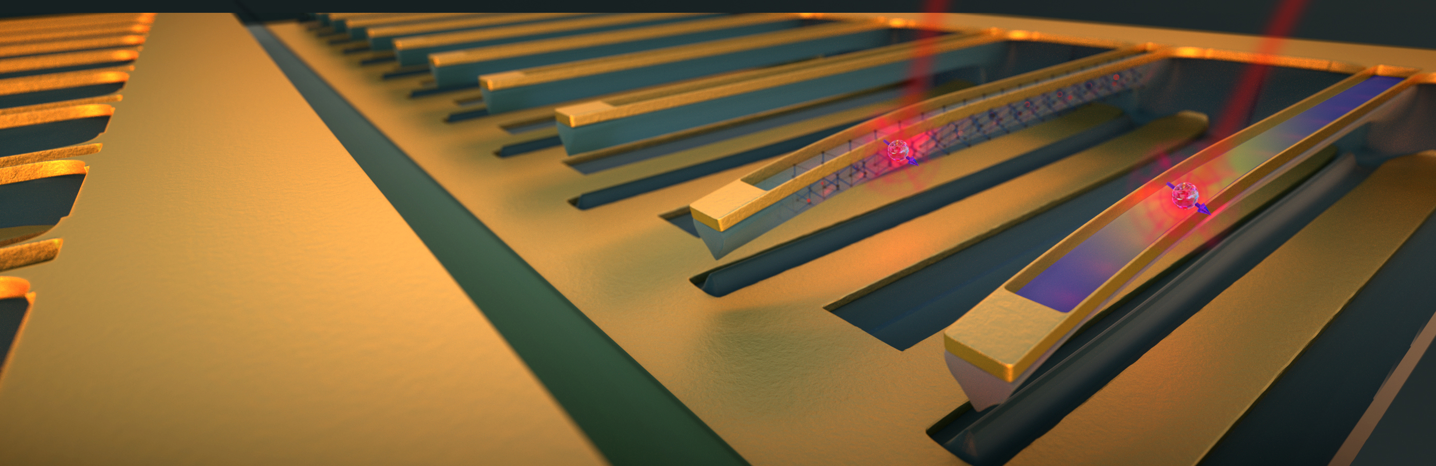 Electrodes stretch diamond strings to increase the frequency of atomic vibrations to which an electron is sensitive, just like tightening a guitar string increases the frequency or pitch of the string. The tension quiets a qubit’s environment and improves memory from tens to several hundred nanoseconds, enough time to do many operations on a quantum chip. (Second Bay Studios/Harvard SEAS) Electrodes stretch diamond strings to increase the frequency of atomic vibrations to which an electron is sensitive, just like tightening a guitar string increases the frequency or pitch of the string. The tension quiets a qubit’s environment and improves memory from tens to several hundred nanoseconds, enough time to do many operations on a quantum chip. (Second Bay Studios/Harvard SEAS)