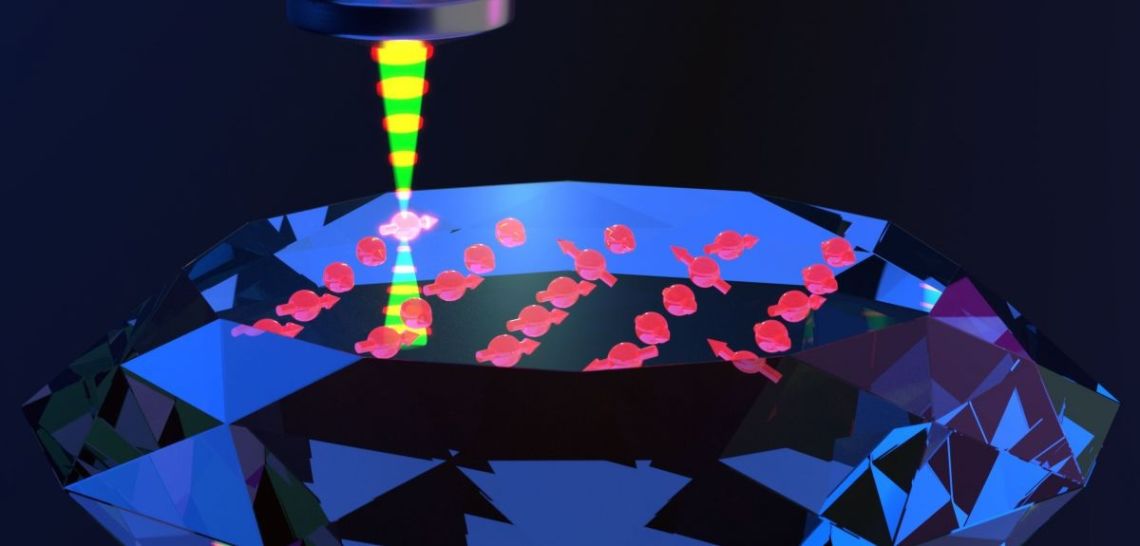 Scalable fabrication of defects in diamond for quantum technology, using laser writing with fluorescence feedback. Credit: Shannon Nicley / Oxford University